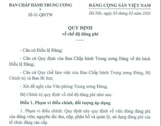 Quy định số 01-QĐ/TW ngày 03/02/2026 về chế độ đảng phí