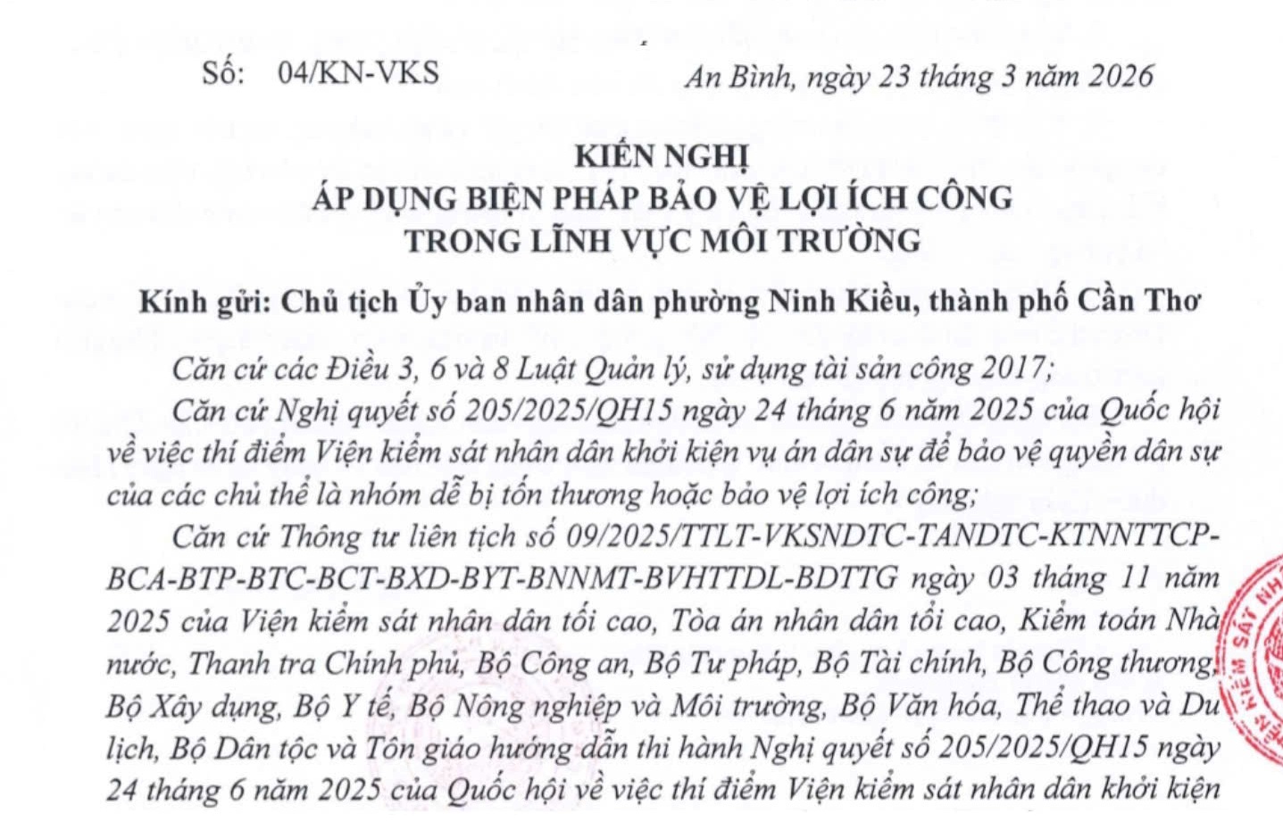 VKSND Khu vực 1- Cần Thơ kiến nghị xử lý tình trạng ô nhiễm môi trường tại khu vực trung tâm