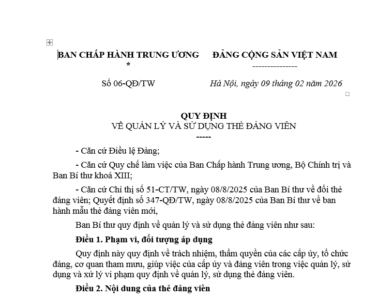 Quy định số 06-QĐ/TW ngày 09/02/2026 về quản lý và sử dụng thẻ đảng viên